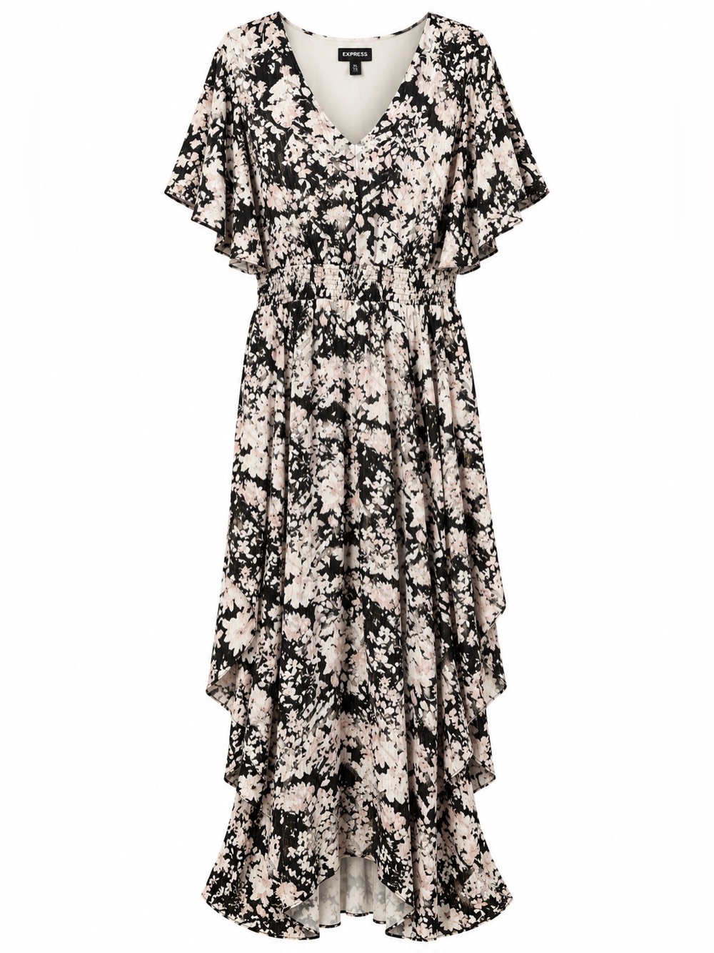 Express Floral Gold Lamé Smocked High Low Maxi Dress XL